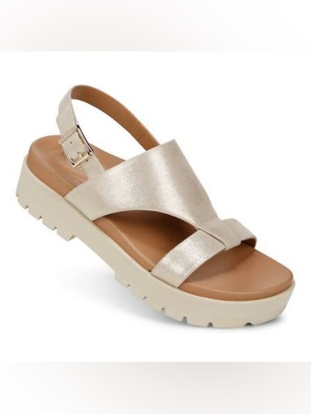 Like New Vionic Alondra Lug T-Strap Metallic Gold Leather Comfort Sandals Size 7
